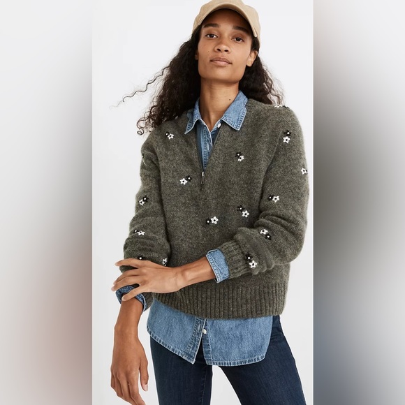 Embroidered Enfield Half-Zip Sweater with Black & White Flowers 
Size M - Picture 2 of 2